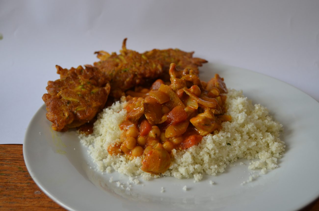 Chicken and chickpea curry with cauliflower rice.